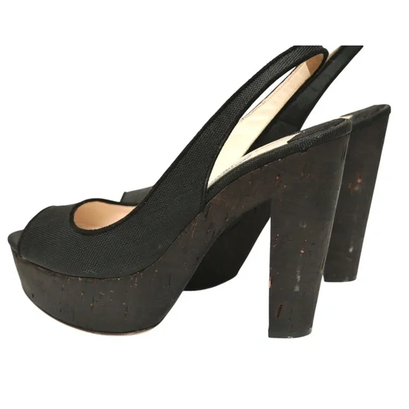PRADA Black Pumps Platforms Sandals Slingback Fabric Brown Cork Heels Sz 36.5 - Picture 8 of 9